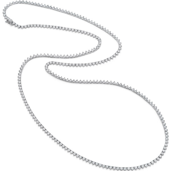 White Gold and Diamond Necklace 18 karat white gold, 3-prong, diamond necklace set with 249 round brilliant cut diamonds (total weight of 21.21 carats, G-H color, and VS-clarity).  34.5″ long.  $57,350.00