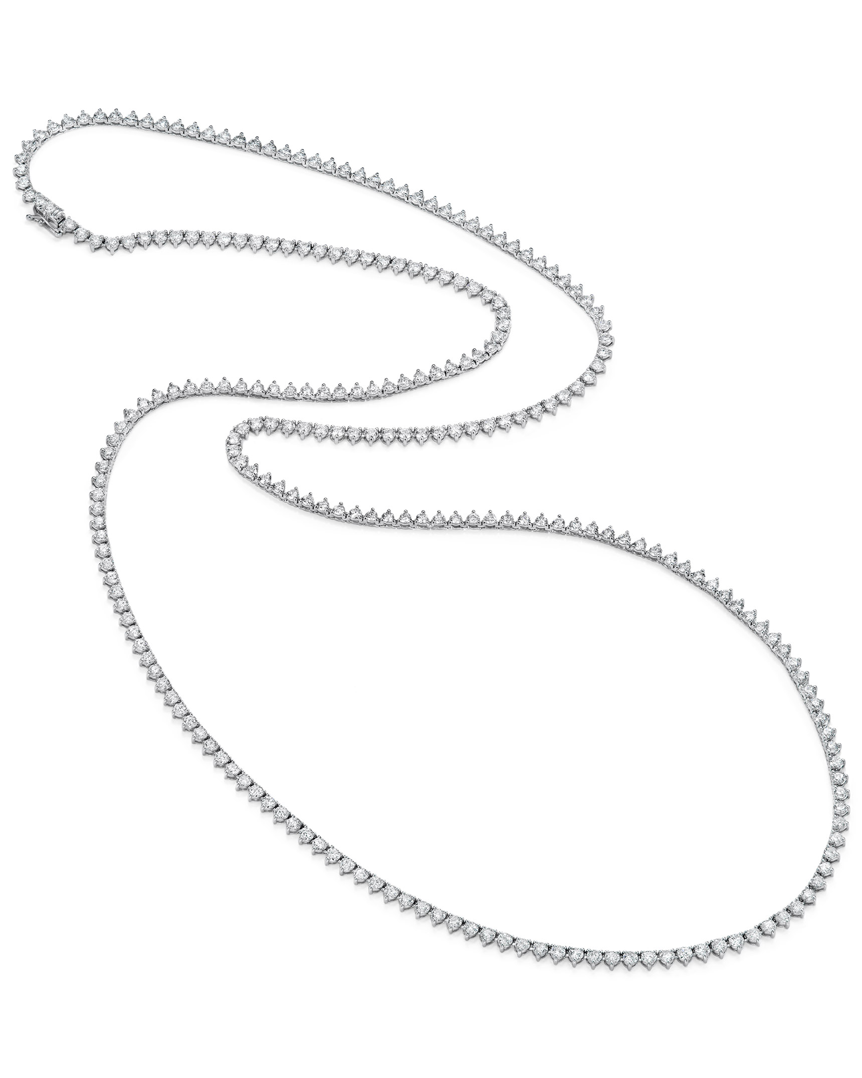 White Gold and Diamond Necklace 18 karat white gold, 3-prong, diamond necklace set with 249 round brilliant cut diamonds (total weight of 21.21 carats, G-H color, and VS-clarity).  34.5″ long.  $57,350.00