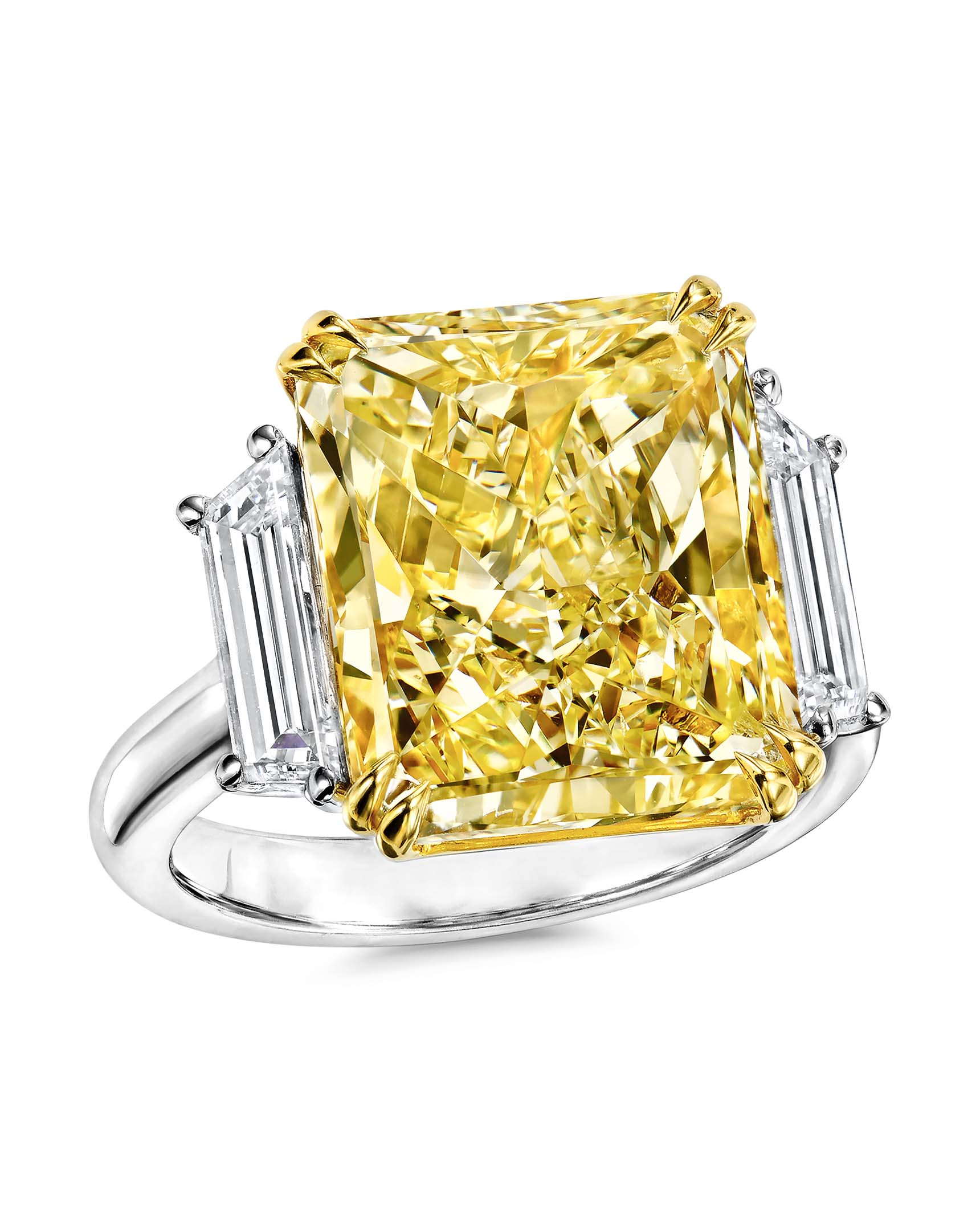 Radiant-Cut Yellow Diamond and Trapezoid Diamond 3-Stone Ring